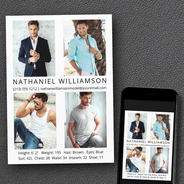 Modern Pro Modell Actor 4 Photos Comp Card Inbjudningar (Customize to change background color, text size, style or to add more photos to back of card.)