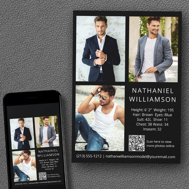 Modern Pro Modell Actor QR-kod 3-fotokompositionsk Inbjudningar (Customize to change background color, text size, style or to add more photos to back of card.)