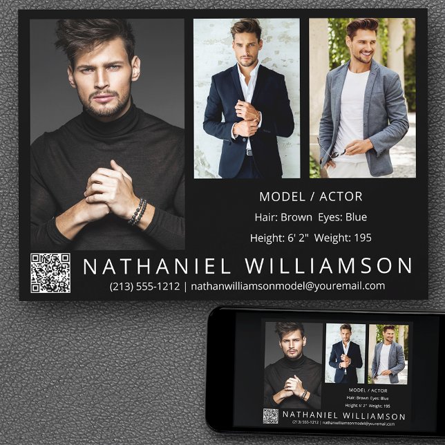 Modern Pro-modellskådespelare 3-foto-QR-kompositko Inbjudningar (Customize to change background color, text size, style or to add more photos to back of card.)