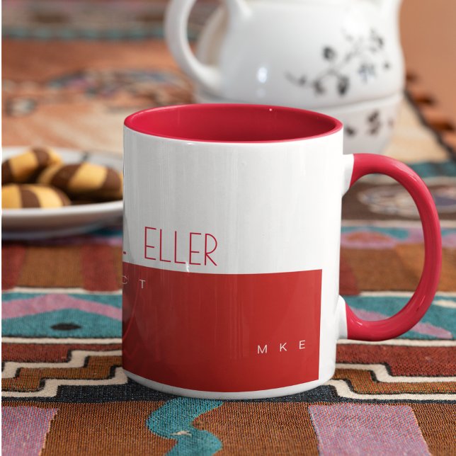 Modern prof (architect) halvröd halvvit kaffemugg (Skapare uppladdad)