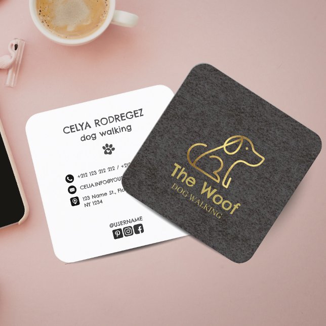 Modern & Professional Dog Walker Business Card Fyrkantigt Visitkort (Professional Dog Walker Business Card with Modern Paw Print and Social Media Icons)