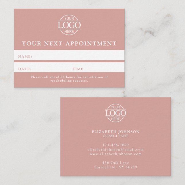 Modern Professional Dusty Rose Simple Reminder Tidsbeställning Kort (Fram/baksida)