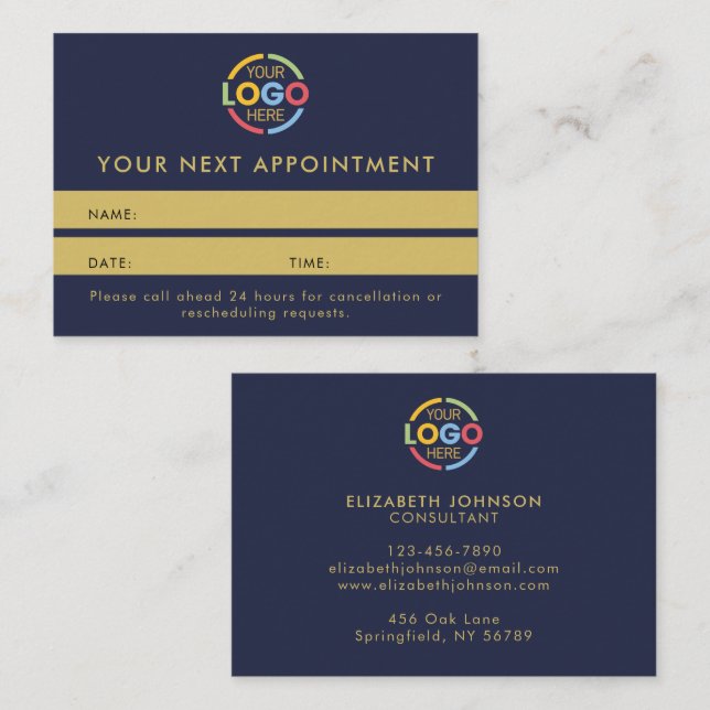 Modern Professional Navy Blue Gold Simple Reminder Tidsbeställning Kort (Fram/baksida)