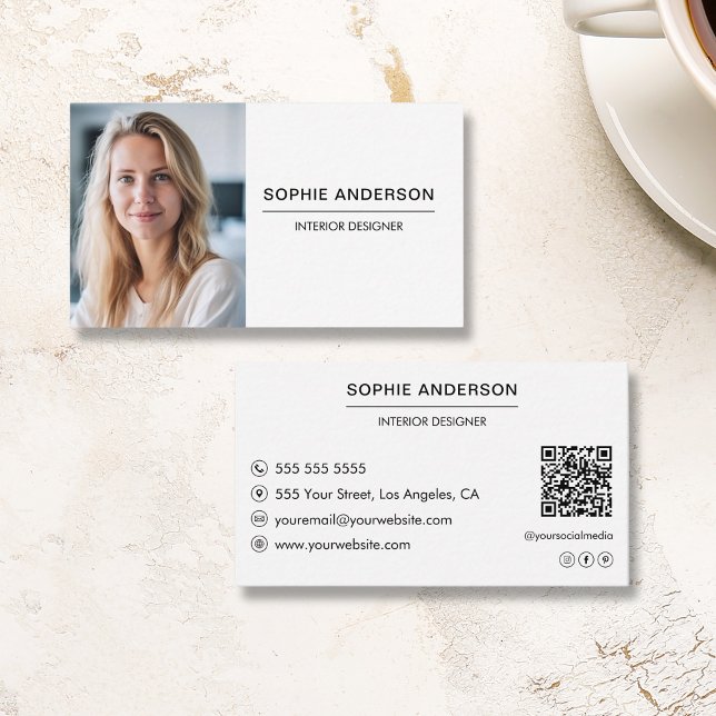Modern Professionell Anpassad Foto QR Vit Visitkort (Modern Professional Custom Photo QR White Business Card)