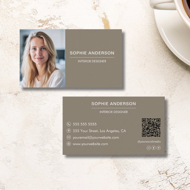 Modern Professionell-Anpassningsbar, fotot, QR-gen Visitkort (Modern Professional Custom Photo QR Taupe Business Card)