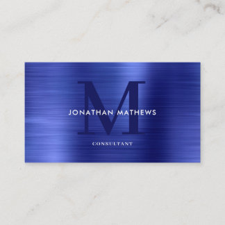 Modern Professionell Brushed Metallic Blue Monogra Visitkort