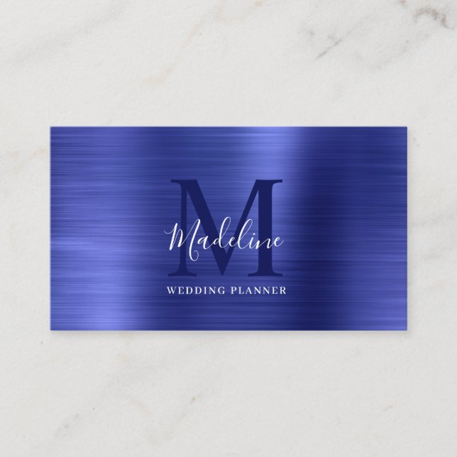 Modern Professionell Brushed Metallic Blue Monogra Visitkort (Framsida)