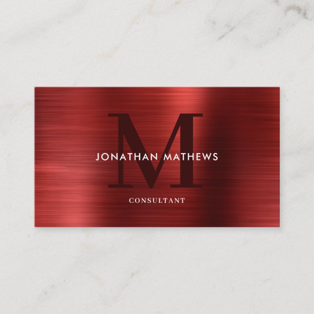 Modern Professionell Brushed Metallic Red Monogram Visitkort (Framsida)