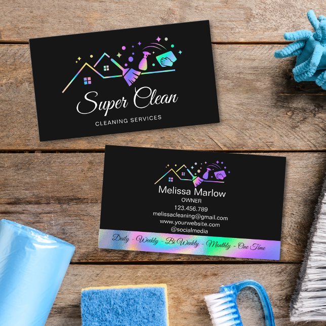 Modern Professionell Commercial Städning House Visitkort (holographic cleaning logo on the black background)