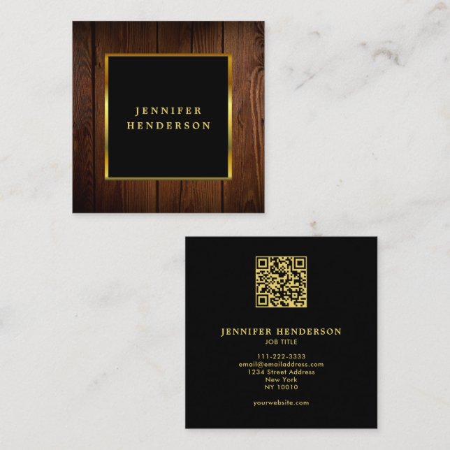 Modern professionell för svart guld-trä QR-kod Fyrkantigt Visitkort (Fram/baksida)