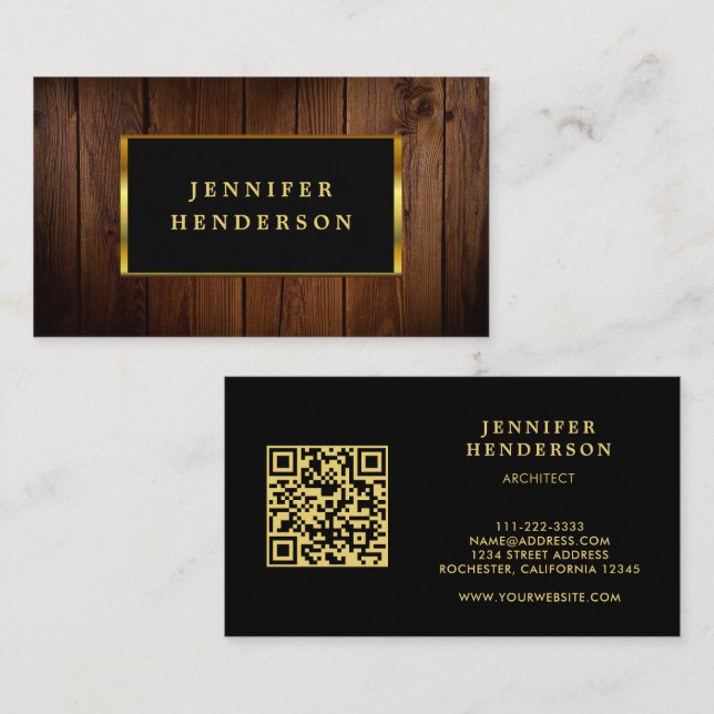 Modern professionell för svart guld-trä QR-kod Visitkort (Fram/baksida)