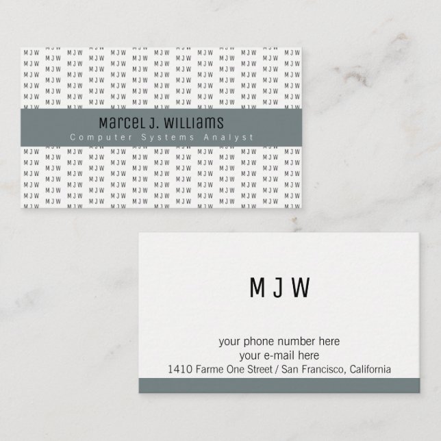 modern professionell grått rand & initialer mönste visitkort (Fram/baksida)