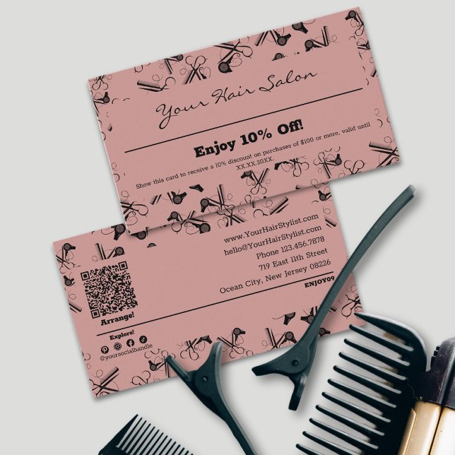 Modern Professionell Hair Verktyg Stylist 10 % Rabattkort (Modern Professional Hair Tools Stylist 10% Discount Card, Terms, Scannable, Social, Tracking)