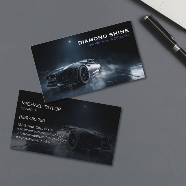 Modern Professionell - kundinformation Tvättar Stä Visitkort (modern luxury black sports car in the splash of water and soap foam for car detailing business)