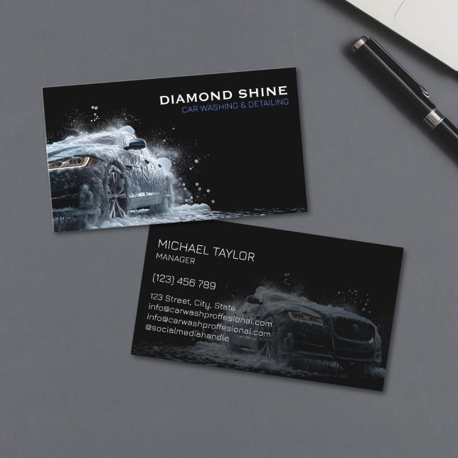 Modern Professionell - kundinformation Tvättar Stä Visitkort (modern luxury black sports car in the splash of water and soap foam for car detailing business)