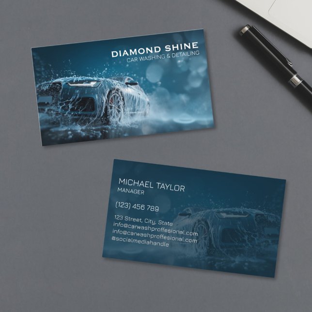 Modern Professionell - kundinformation Tvättar Stä Visitkort (modern luxury blue sports car in the splash of water and soap foam for car detailing business)