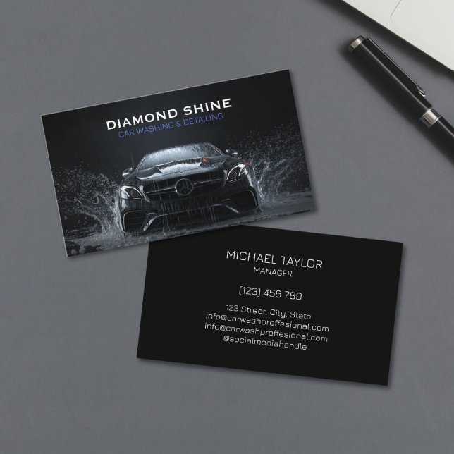 Modern Professionell - kundinformation Tvättar Stä Visitkort (modern luxury black sports car in the splash of water and soap foam for car detailing business)