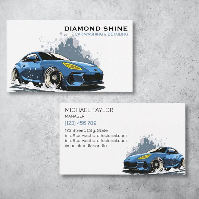 Modern Professionell - kundinformation Tvättar Stä Visitkort (modern blue  sports car with water splash)