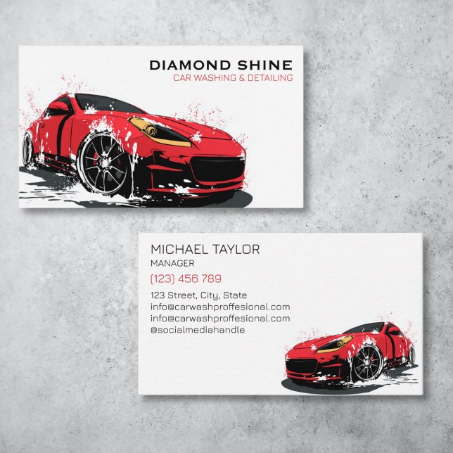 Modern Professionell - kundinformation Tvättar Stä Visitkort (modern red sports car with water splash)
