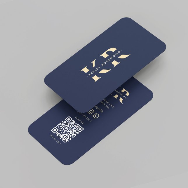 Modern Professionell Monogram-Elegant Mörk blått Visitkort (Modern Professional Monogram Elegant Dark Blue Gold Initials QR code Letter K R Business Card
)