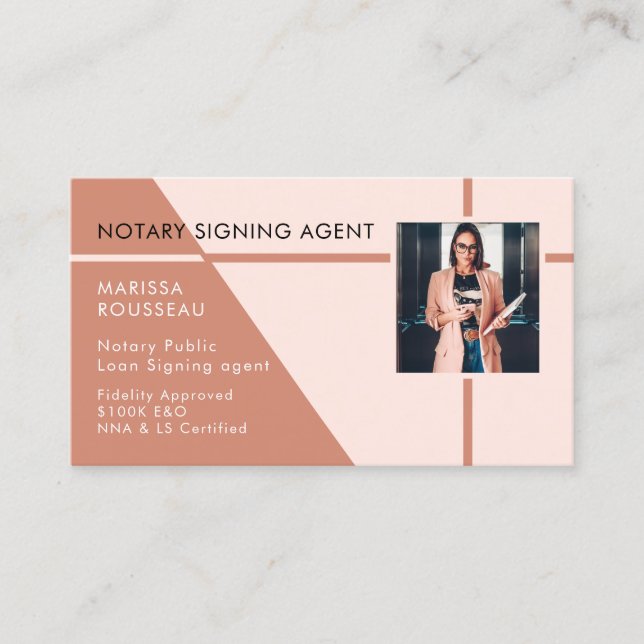 Modern Professionell Peach Rosa Photo Notary Publi Visitkort (Framsida)