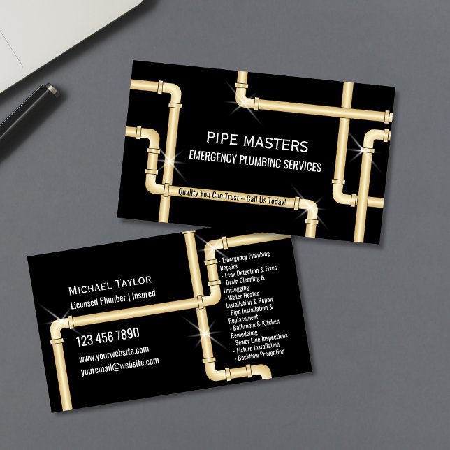 Modern Professionell Plumber Rör Rumpning Verktyg Visitkort (plumbing pipes in gold color on the black background business cards)