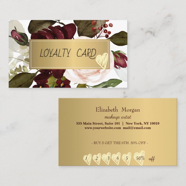 Modern Professionell Ram,Heart,Burgundy Flowers Lojalitetskort (Fram/baksida)