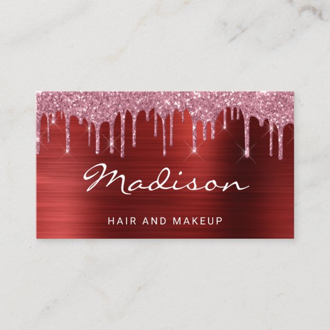 Modern Professionell Red Glitter Stylist Visitkort (Framsida)