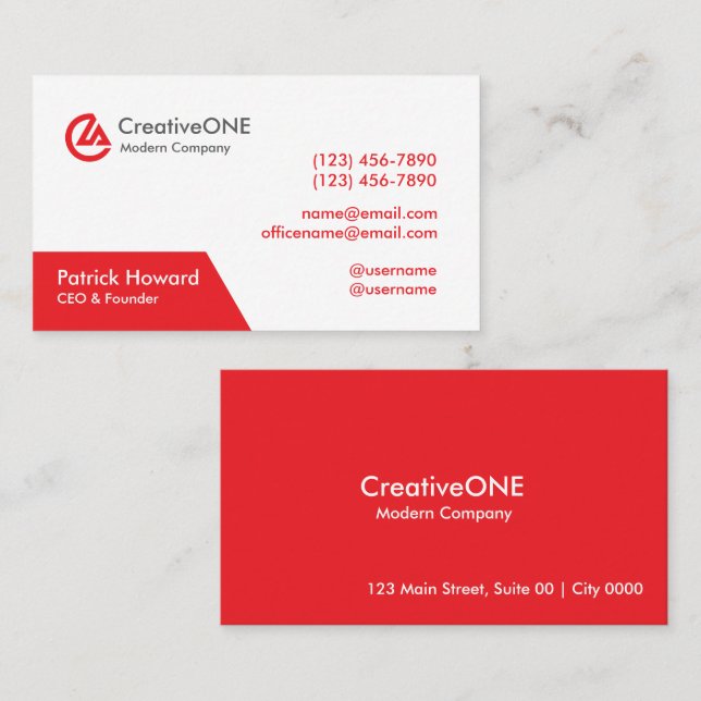Modern Professionell Röd Vit CreativeONE Fetstil Visitkort (Fram/baksida)