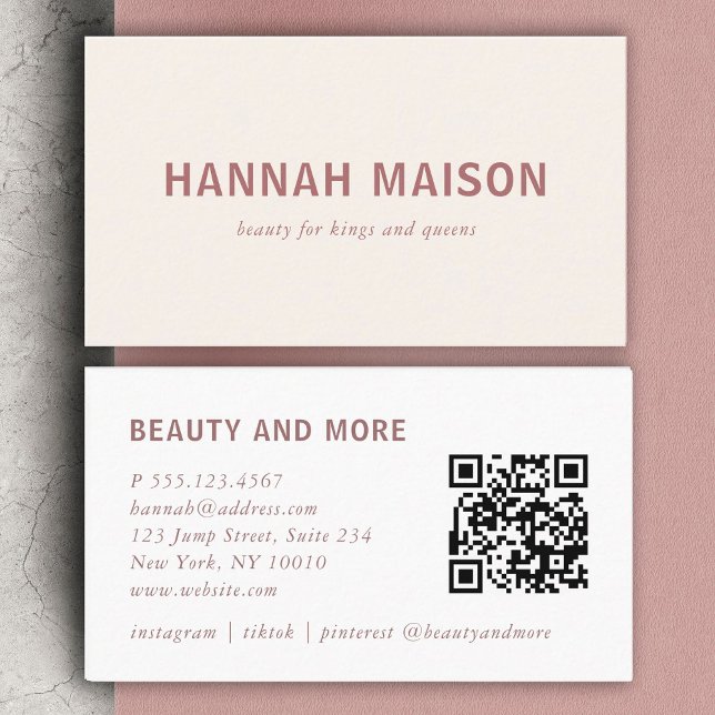 Modern, professionell, salon, beige, Qr-kod Visitkort (Modern, simpel, professional, salon, beige, bold font, qr-code business card)