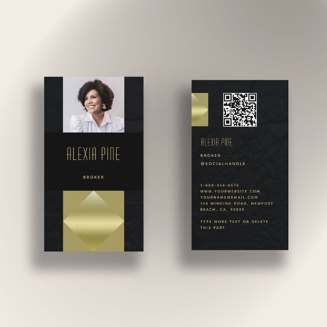 Modern Professionell Sleek Black Guld Photo QR-kod Visitkort (real estate photo business card black gold elegant qr code modern professional broker agent minimal)