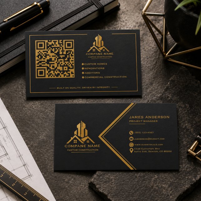 Modern Professionell Svart Guld Konstruktion  Visitkort (Modern Professional Black Gold Construction Business Card)
