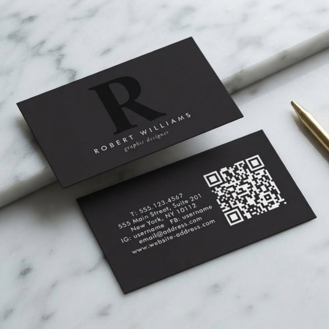 Modern Professionell Svart Monogram Initial QR-kod Visitkort (Skapare uppladdad)