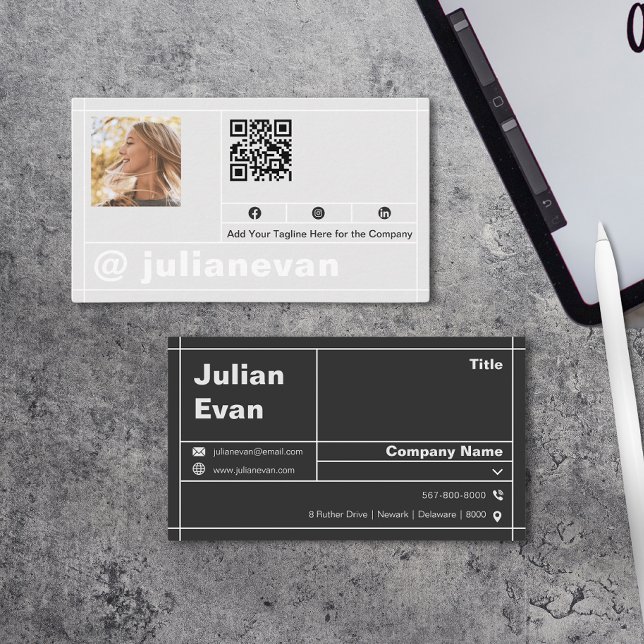 Modern profilfotosvartvitt QR-kod Visitkort (Modern Profile Photo Black & White QR Code Business Card)