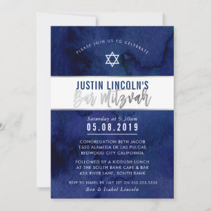 MODERN PUB MITZVAH blå vattenfärgstyp silver Inbjudningar