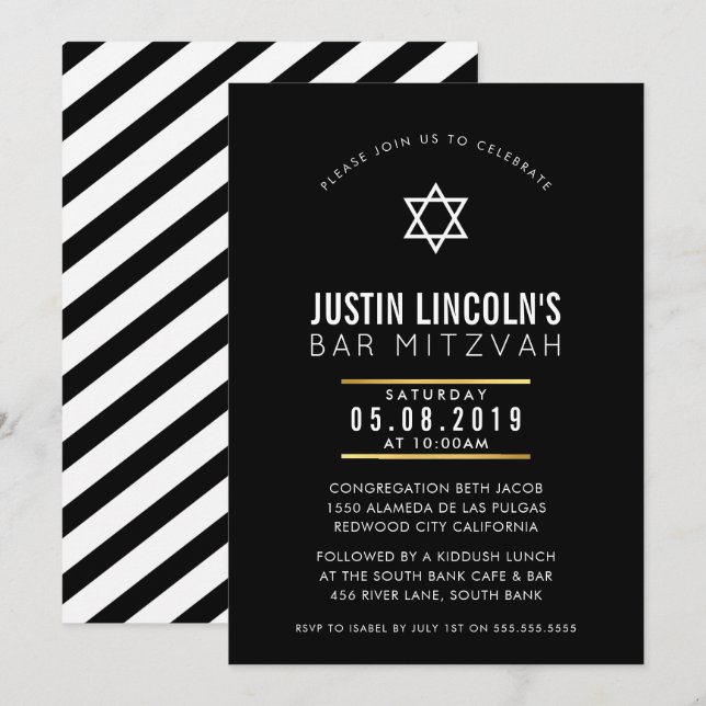 MODERN PUB MITZVAH-coola med fetstil, minsta svart Inbjudningar (Fram/baksida)