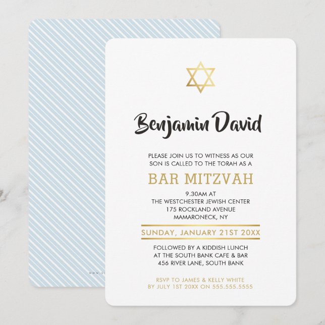 MODERN PUB MITZVAH INBJUDAN, enkel snyggt guld stj Inbjudningar (Fram/baksida)