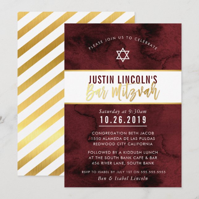 MODERN PUB MITZVAH maronröd vattenfärgsfärgtyp gul Inbjudningar (Fram/baksida)