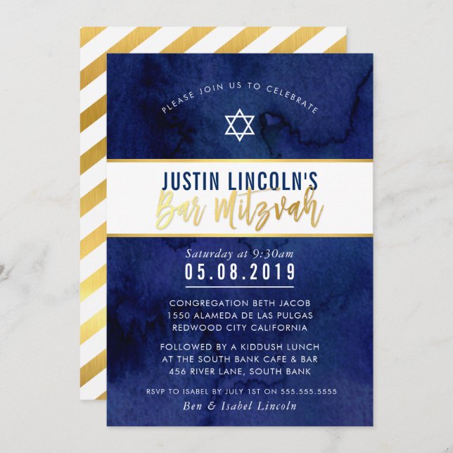 MODERN PUB MITZVAH mörk blått guld-vattenfärgstyp Inbjudningar (Fram/baksida)