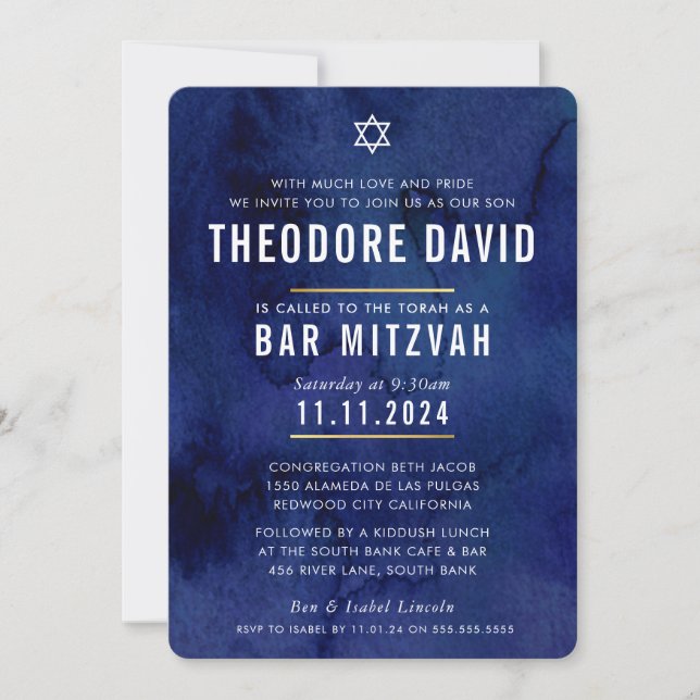 MODERN PUB MITZVAH mörk blått mönster enkel Inbjudningar (Framsida)