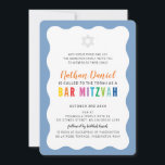 MODERN PUB MITZVAH regnbåge färg vågigt gräns blå Inbjudningar<br><div class="desc">by kat masard >> https://linktr.ee/simplysweetpaperie <<< En modern, helt enkelt klassinbjudan till ditt barns PUB, Fladdermus eller B'NAI MITZVAH TIP: 1. Om du vill ändra/flytta grafik & typsnitt och lägga till mer text - slått knappen "anpassa". - - - - - - - - - - - - - -...</div>
