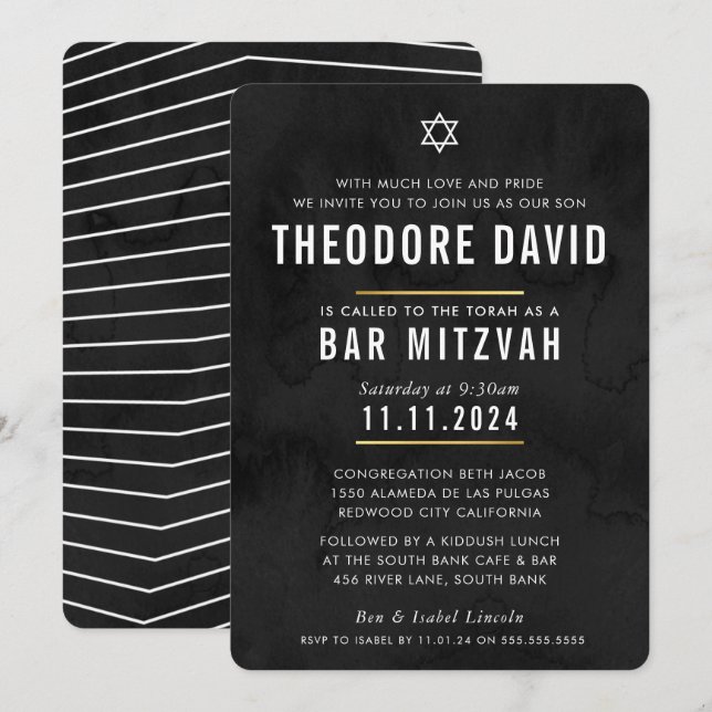 MODERN PUB MITZVAH Svart mönster enkel inbjudan (Fram/baksida)
