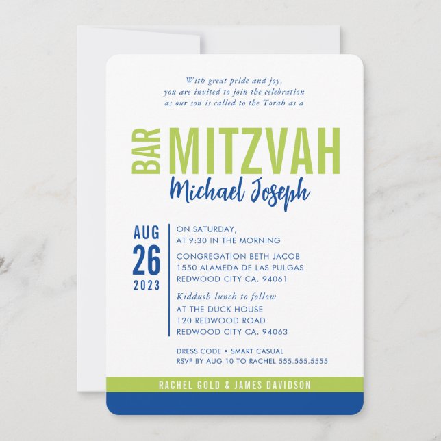 MODERN PUB MITZVAH trendig date blue lime green Inbjudningar (Framsida)