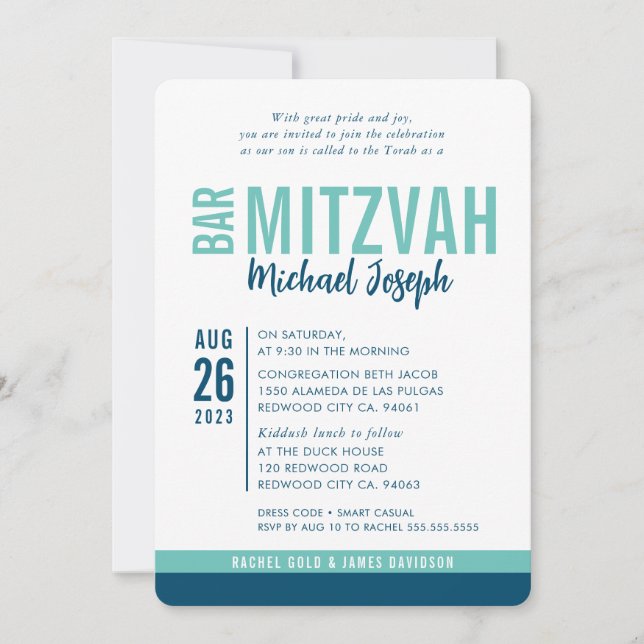 MODERN PUB MITZVAH trendig date blue mynt grönt Inbjudningar (Framsida)