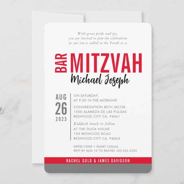 MODERN PUB MITZVAH trendig datum rött grått Inbjudningar (Framsida)