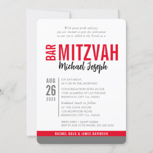 MODERN PUB MITZVAH trendig datum rött grått Inbjudningar