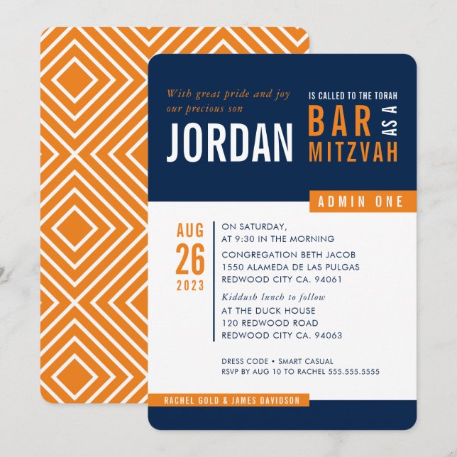 MODERN PUB MITZVAH trendig fet block orange Inbjudningar (Fram/baksida)