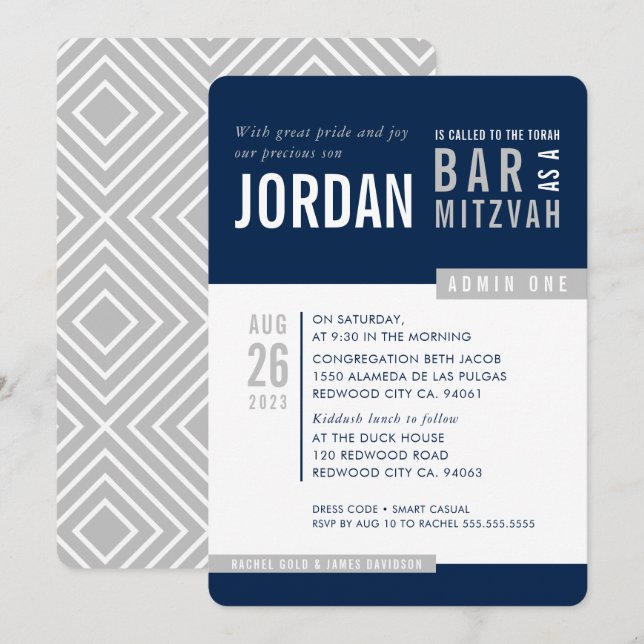 MODERN PUB MITZVAH trendig fold block grått Inbjudningar (Fram/baksida)