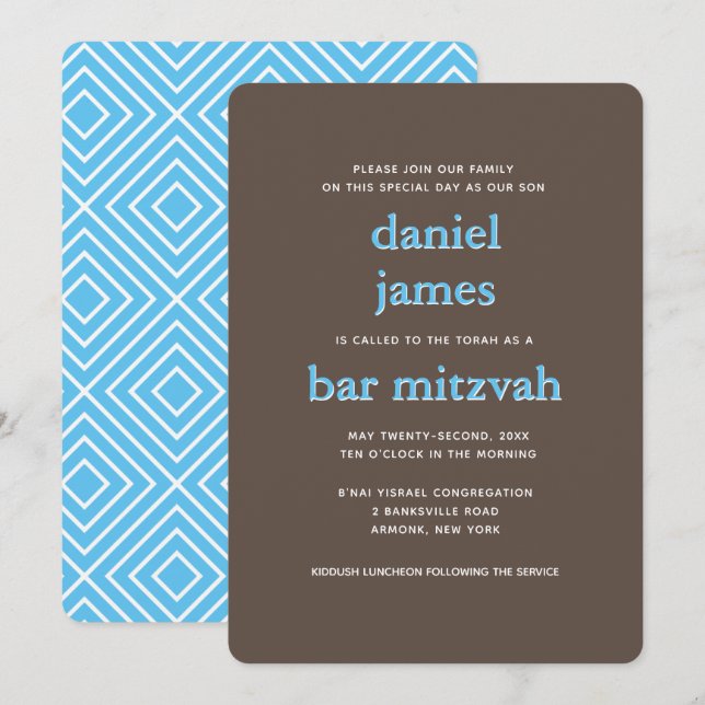 Modern Pub Mitzvah Typography Blue Brown Inbjudningar (Fram/baksida)