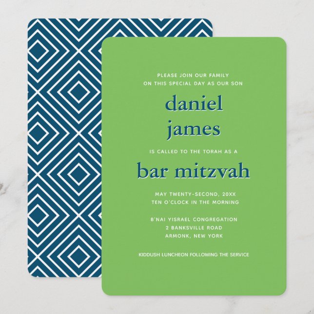 Modern Pub Mitzvah Typography Blue Grönt Inbjudningar (Fram/baksida)